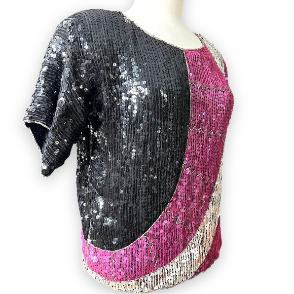 JLB Paris Hong Kong 100% Silk Fully Sequined Top 1980s Abstract Colorblo… - Picture 4 of 12
